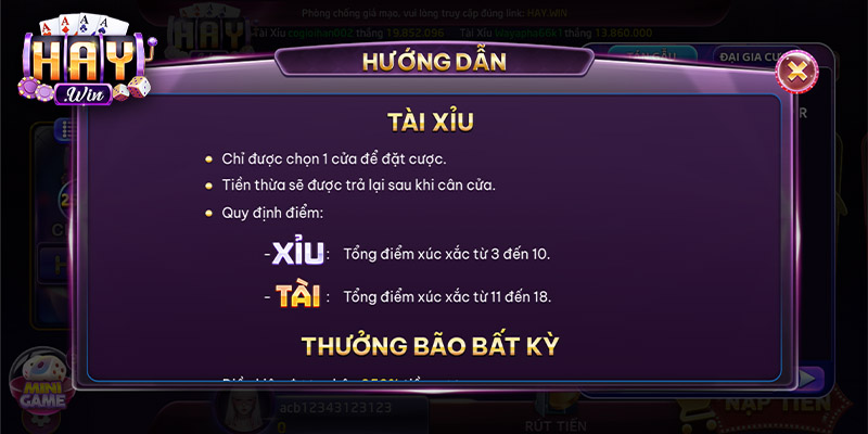 Luật chơi tài xỉu ăn tiền thật tại HAYWIN