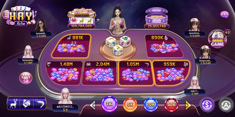 Giao diện bàn bầu cua tôm cá tại HAYWIN mô phỏng đầy đủ sáu mặt