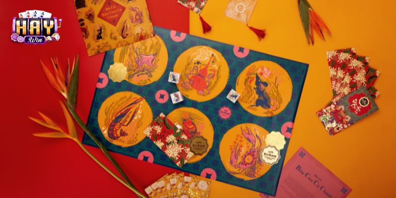 Hình minh họa bàn bầu cua ngày tết truyền thống với sáu biểu tượng quen thuộc