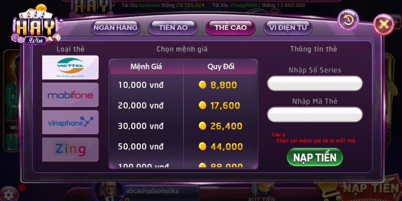 Nạp tiền HAYWIN qua thẻ cào