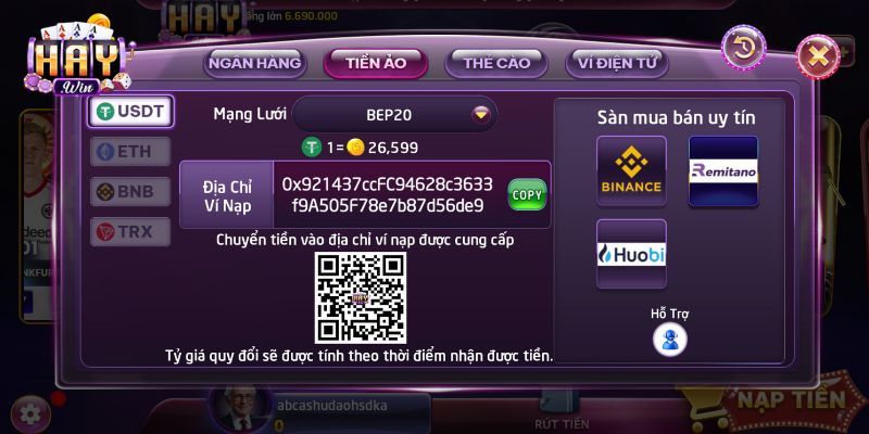 Nạp tiền HAYWIN qua USDT