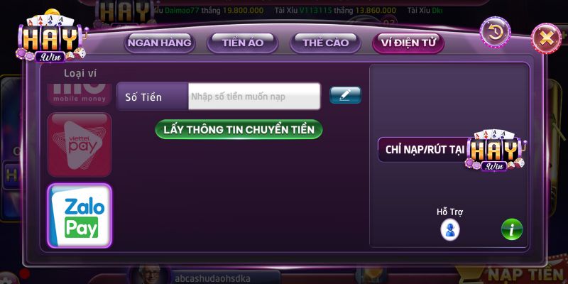 Nạp tiền HAYWIN qua ví điện tử